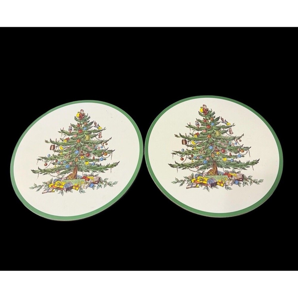 2 Vtg Spode Christmas Tree Round Trivet 10” Hot Plates Pad Cork Backing w/ Feet